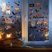 Decoracin de Ventana de Halloween, Pegatinas para Decoracin de Ventana, Calcomanas Etiqueta Engomada Esttica de Cristal para de Halloween, Fantasma Gato Calabaza Spider Murcilago - Negro Morado naranja y Blanco - Ver 6