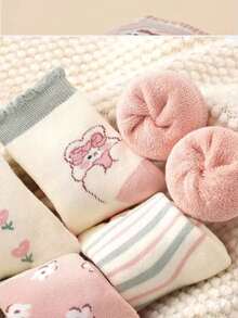 5 双儿童加厚保暖内衬可爱花卉图案中筒袜，适合女孩，秋冬季 - 彩色 - 查看 4
