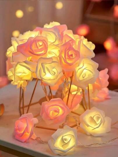 1PC LED String Of White And Pink Rose Lights With 10 Bulbs, Suitable For Indoor Garden Decoration, Night Lighting, Outdoor Decoration, Camping Atmosphere Lighting, And Does Not Include The Battery.