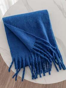 1条纯色围巾，冬季保暖颈部配饰，加厚针织羊毛流苏披肩，适合搭配连衣裙 - 寶藍色 - 查看 5