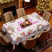 1pc Pink Christmas Theme Rectangular & Round Tablecloth, Santa Claus & Snowman Pattern Tablecloth With Red Berries, Green Pine Branches, Pink Flowers, Christmas Decor, Suitable For Indoor & Outdoor Use - Easy To Clean Holiday Dining Tablecloth, Multiple Size Options Available