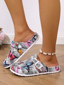 Nuove pantofole da donna con punta chiusa, elegante stampa farfalla nera e grigia, tacco a zeppa con suola morbida, confortevoli per uso quotidiano, esterno, viaggio, giardino, spiaggia, design con doppia fibbia - Grigio - Visualizzare 4