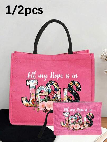 Neue Blumen-Buchstaben-bedruckte Tragetasche mit Reißverschluss-Aufbewahrungstasche, Allround-Damentasche, Geburtstags-, Party-, Festivalgeschenk, christlich-thematische Tragetasche und Make-up-Tasche-Set, Urlaubsstil Buchstaben-Design Tasche für Einkaufsoutfits