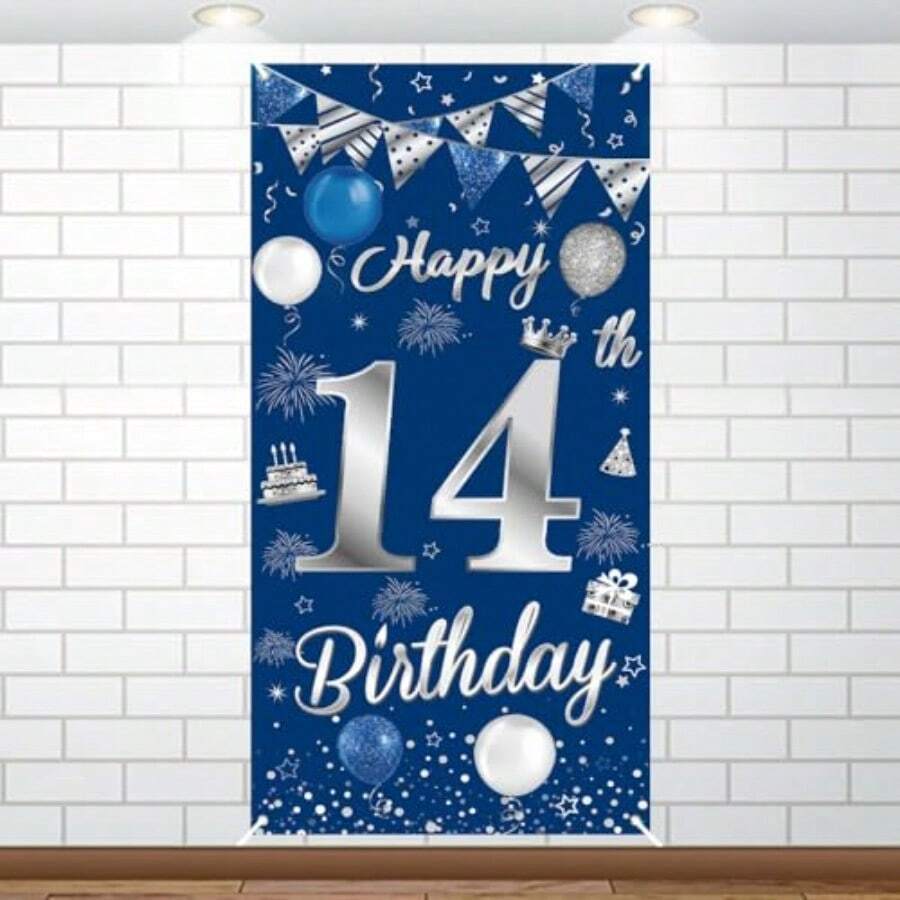 D14th Birthday Decorations For Boys Girls Happy 14th Birthday Banner Large Size Blue Silver Birthday Backdrop Banner For 14 Years Old Anniversary Birthday Party Photo Prop Booth Background Deco10 - 藍色 - 查看 1