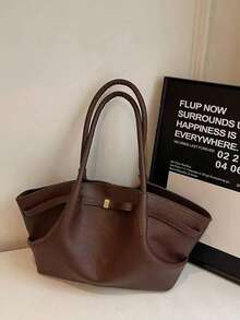 Dedoo CHAIKA & KILTER Solid Color PU Leather Shoulder Bag, Women's Retro Casual Large Capacity Handbag With Adjustable Strap, Pleated Design, Dual Handles And Magnetic Snap, Suitable For Travel, Shopping, Dating, Teens, College Students, Young Professionals, Office, School, Work, Business, Commuting, Outdoor, Travel, Hiking And More, New Fashion Large Capacity Women Tote - Coffee - View 3