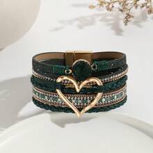 1 Leather Rope Bracelet Bohemian Multi-Layer Bracelet Raw Stone Heart-Shaped Bracelet Women's Wrapped Leather Bracelet - Green - View 4