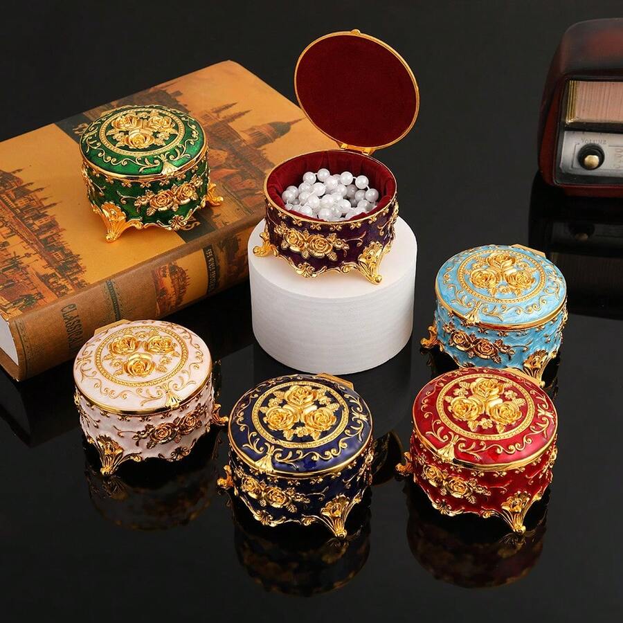 1pc Exquisite Rose Jewelry Box Vintage Home Enamel Jewelry Box Creative Desktop Jewelry Storage Box, Luxurious Exquisite Jewelry Storage Box Gift - 天藍色 - 查看 1