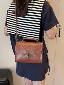 1pc PU Leather Embossed Pattern Fashion Metal Lock Design Chic Handbag & Shoulder Bag - Brown - View 3