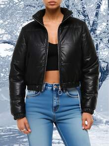 黑色短款户外保暖外套，带拉链翻盖口袋，冬季时尚 - 黑色 - 查看 5