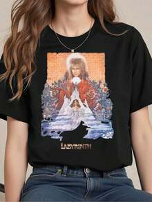 Labyrinth Movie Print T-Shirt, 220g Cotton Casual Summer T-Shirt With Round Neck And Short Sves (1 Piece) - 白色 - 查看 1
