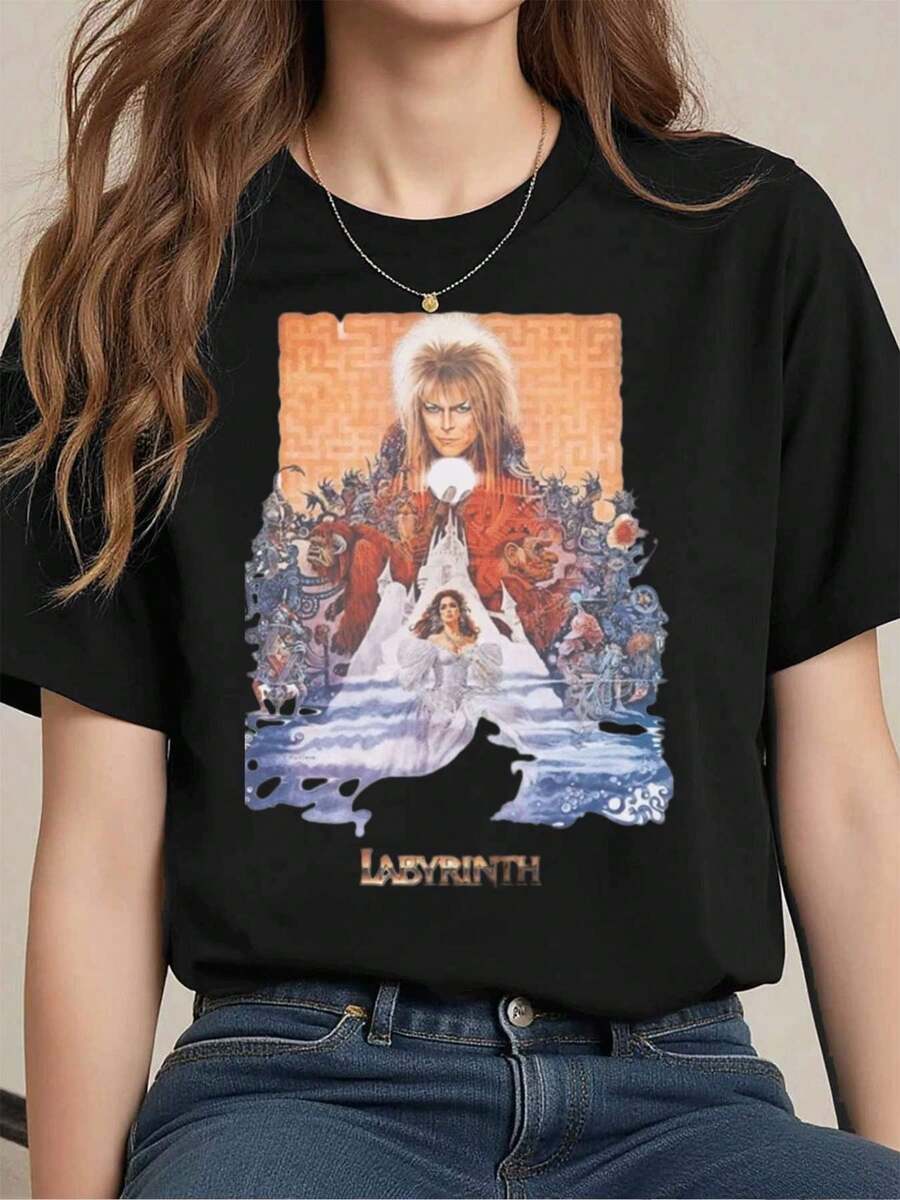 Labyrinth Movie Print T-Shirt, 220g Cotton Casual Summer T-Shirt With Round Neck And Short Sves (1 Piece) - 白色 - 查看 1