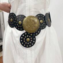 1pc Women Y2K Style Round Metal Hollow Waist Belt, Wide Cut, American Retro Subculture Street Fashion Chain Belt, Bohemian Circle Waist Belt For Dress, Suitable For Women's Party, Daily Wear, Christmas, Thanksgiving Gift, Plus Size Summer, School