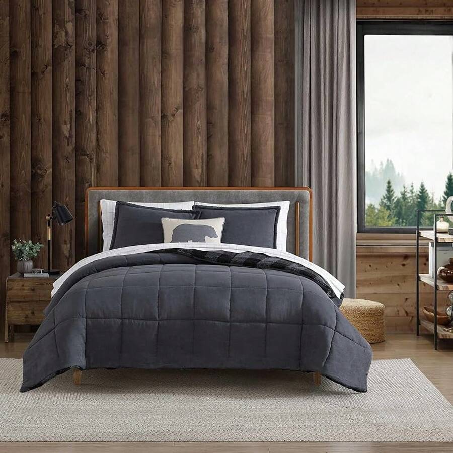 Twin Comforter Set, Microsuede Bedding With Soft Plush Faux Shearling Reverse, 2 Piece Bed Set With Matching Pillowcase (Cabin Plaid), Luxury Cozy Bed Linens - Grey - View 1