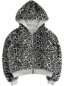 Y2k Zip Up Hoodie Fur Hooded Jacket Warm Winter Coat For Men Fur Collar Hoodies Streetwear Unisex Streetwear-20256688 - 豹紋白色 - 查看 3