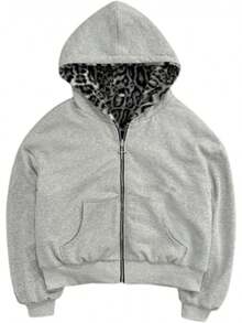 Y2k Zip Up Hoodie Fur Hooded Jacket Warm Winter Coat For Men Fur Collar Hoodies Streetwear Unisex Streetwear-20256688 - 豹紋白色 - 查看 1