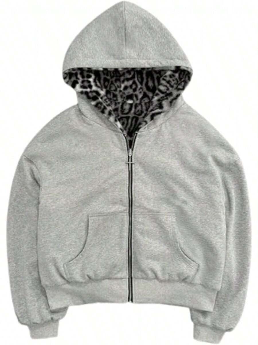 Y2k Zip Up Hoodie Fur Hooded Jacket Warm Winter Coat For Men Fur Collar Hoodies Streetwear Unisex Streetwear-20256688 - 豹紋白色 - 查看 1