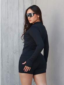 Women's Sports Jacket Icy Fabric Polyamide UV50+ Sport Zipper Closure Thumb Hole Fitness, - màu đen - Xem 1
