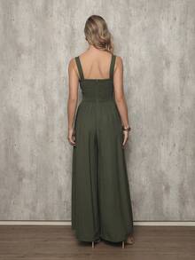 Loose Plain Jumpsuit In Pantaloon Tailoring With Zipper On The Back, Super Comfortable - Army Green - View 3