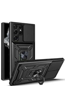 1个时尚滑动窗口摄像头镜头保护膜，带支架手机壳，适用于三星及其他型号手机 - 黑色 - 查看 1