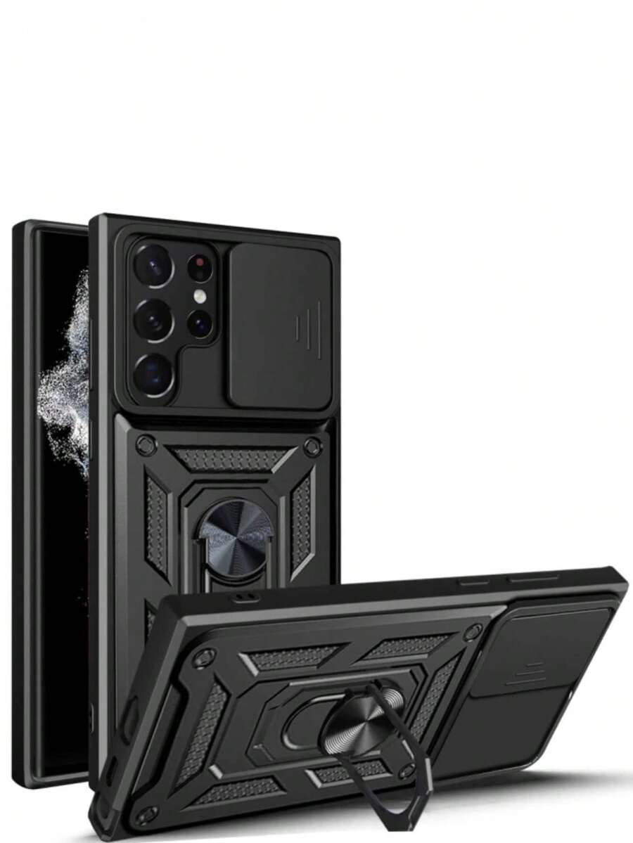 1个时尚滑动窗口摄像头镜头保护膜，带支架手机壳，适用于三星及其他型号手机 - 黑色 - 查看 1