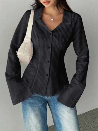 Women's Black Striped Long Sleeve Collared Shirt, Waist-Cinched Silhouette, Front Button Closure, Polyester Blouse