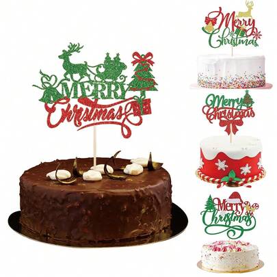 1 件圣诞快乐蛋糕装饰，闪闪发光的绿色圣诞节节日蛋糕装饰，适合冬季圣诞节圣诞老人新年快乐派对圣诞主题派对蛋糕装饰圣诞节圣诞装饰圣诞睡衣圣诞礼物圣诞装饰