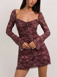 Vestido Corpete Plissado com Estampa de Tela de Budapeste, Manga Sino, Elegante para Festa/Feriado/Estilo de Rua, Outono/Inverno