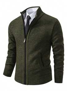 Chaqueta de punto con cremallera y forro térmico para hombre, de manga larga y versátil - Verde militar - Ver 1