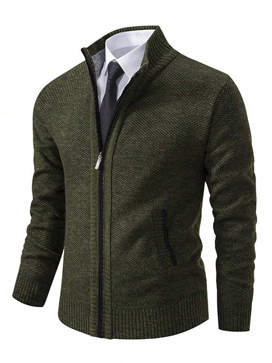 Chaqueta de punto con cremallera y forro térmico para hombre, de manga larga y versátil - Verde militar - Ver 1