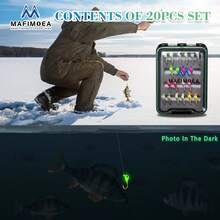 MAFIMOEA 20 piezas Conjunto de señuelos de pesca de hielo que brillan en la oscuridad, caja de almacenamiento exquisita y conveniente, mejor accesorio para la pesca de invierno, adecuado para percas y black bass del norte