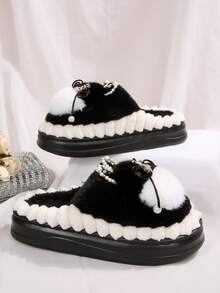 Pantuflas con plataforma de orejas de conejo de peluche y perlas falsas, elegantes y cálidas para el invierno, pantuflas adorables para interiores/exteriores para niñas