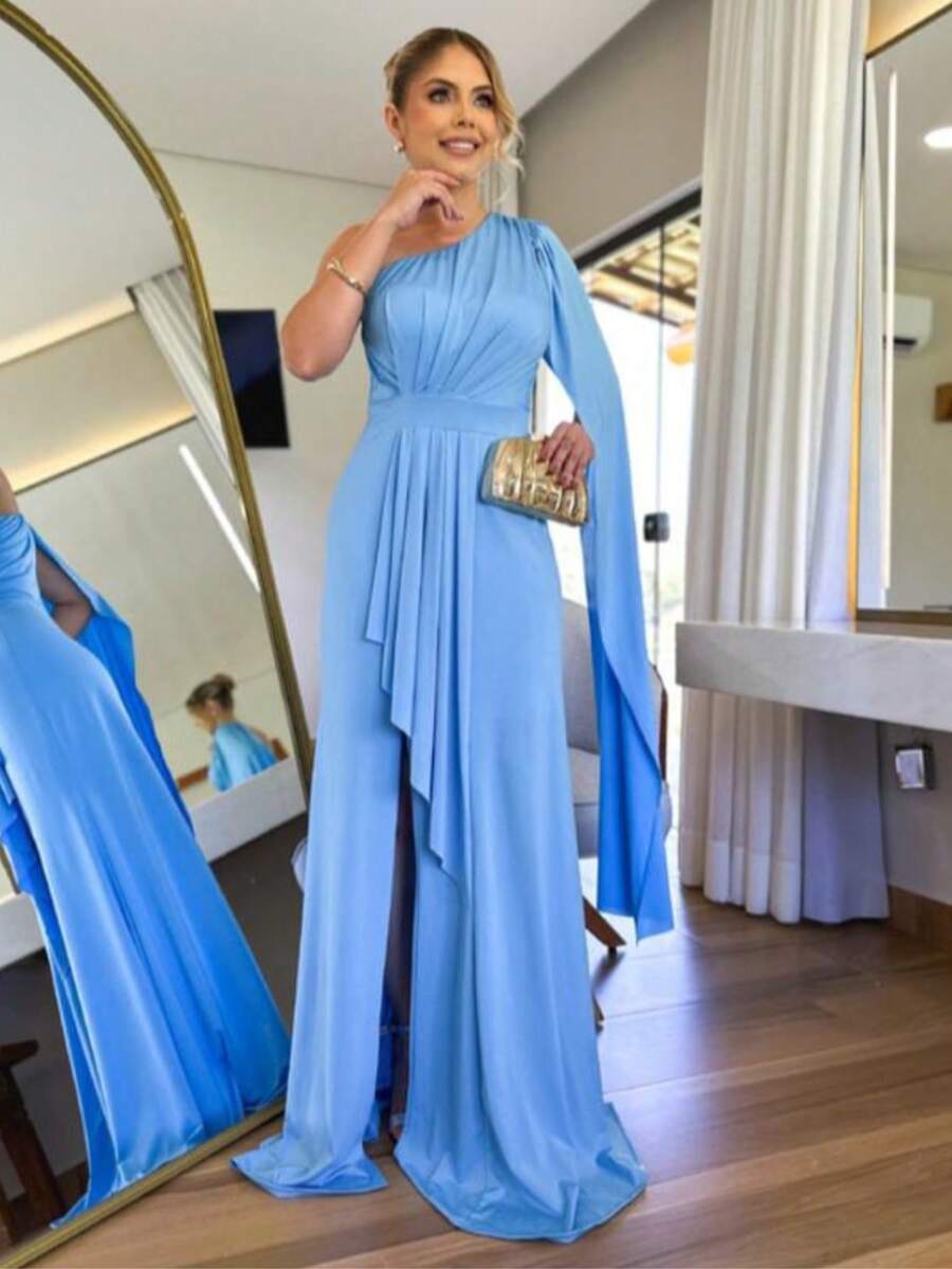 One Shoulder Long Prom Dress With Elegant Slit One Size Simple Elegant Party Beach - 淺藍色 - 查看 1