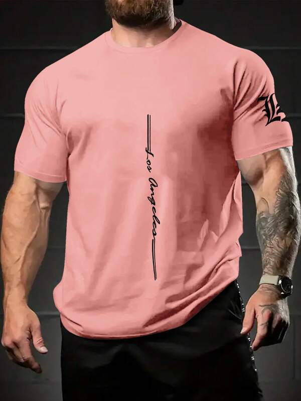 Men's Light Pink Quick-Dry Breathable Short Sleeve Crew Neck T-Shirt With "Los Angeles" Graphic Print - Perfect For Outdoor Sports
