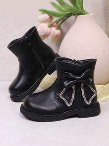 New Girls Bow Rhinestone Soft Comfortable Round Toe Sweet Fashion Flat Ankle Boots Suitable For Autumn/Winter Season - Black - View 2