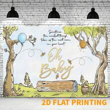 Fondo de fotografía de poliéster 2D, fondo de dibujos animados de oso de acuarela vintage lindo, abeja cielo azul árbol verde decoración de fiesta de cumpleaños, fondo, regalo ducha decoración horizontal banner decoración cabina de fotos