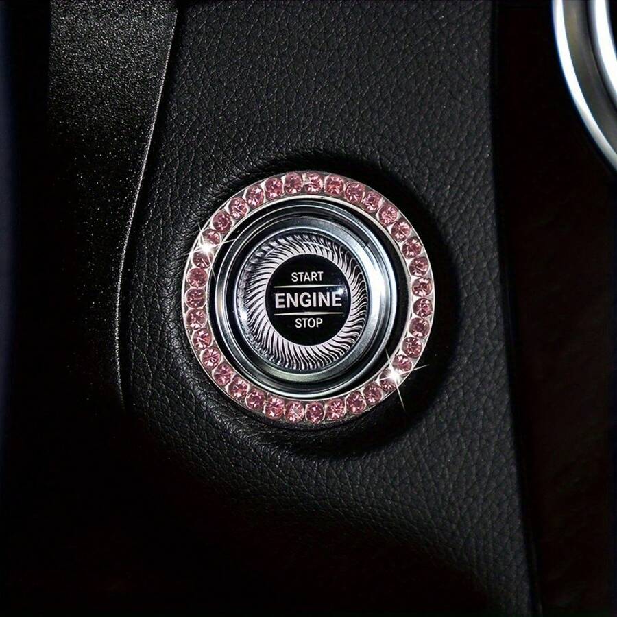 1 Piece Car One-Button Start Decoration Ring - Shiny Crystal Embellished Engine Start Button Cover, 2 Colors Available (Pink, White) Universal Car Interior Accessories - 粉色 - 查看 1