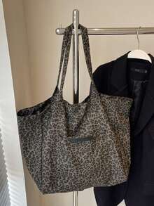 Fashionable High-Capacity Casual Minimalist Lightweight Versatile Canvas Tote Bag With Leopard Print, Suitable For Young Women For Commuting, Outing, Shopping, Work And Study, New Fall Winter Cheetah Print Purse For Women