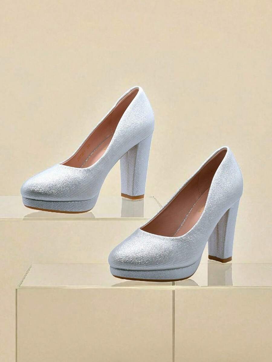 Sapatos sociais de salto alto com plataforma à prova d'água, calçados femininos confortáveis de alta qualidade - Prata - Ver 1