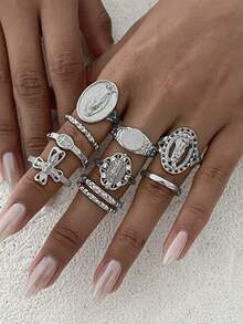 Set da 10 anelli per le nocche alla moda in stile punk con croce e Vergine Maria, con strass, versatili per uso quotidiano, feste e stile di strada