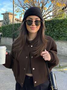 Áo khoác bomber nữ màu nâu mocha dáng rộng, cổ đứng, tay dài, kiểu dáng thường ngày, có túi và cúc phía trước, thích hợp cho mùa xuân và mùa thu. - Màu nâu  Mocha - Xem 3