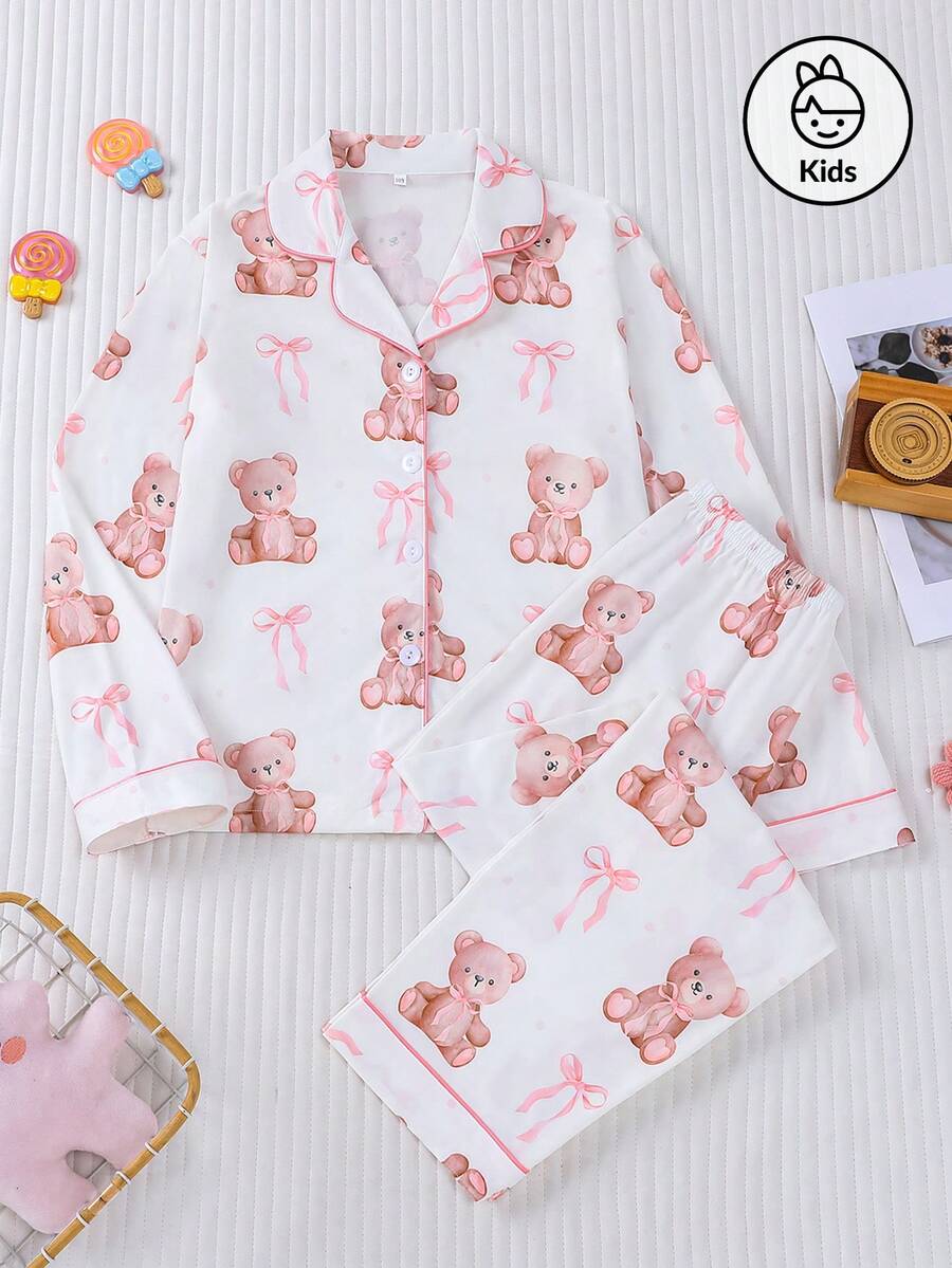 Set de 2 piezas Pijama infantil con estampado de oso de dibujos animados y lazo, camisa de cuello de cárdigan y pantalones de cintura elástica holgados, estampado adorable de oso rosa y lazo, adecuado para uso diario y ropa de estar en casa de niños y adolescentes