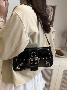 Brand New Punk Rivet Shoulder Bag, Portable, Suitable For Teen Girls, Female College Students, White-Collar Workers, Very Suitable For Work, Back To School, Middle School, High School, College, VacationSuitable For Shopping, Wallet, Shopping, Young Women, College Students, Newcomers, White-Collar Workers. Very Suitable For Office, College, Work, Business, Commuting, Outdoor Activities, Travel And Outings - Black - View 4