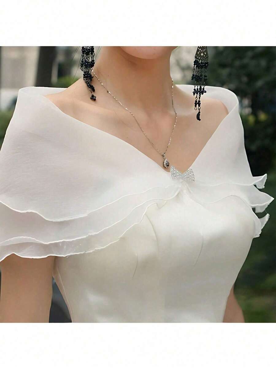 1 قطعة شال عروس، غطاء كتف رقيق من التول، إكسسوار فستان الزفاف، شال فستان سهرة أحادي الكتف للنساء في فصل الخريف - متعدد الألوان - مشاهدة 1