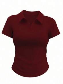 Women's Polo Shirt, Short Sleeve, Ribbed Cotton, Simple, Casual, Knit, Everyday Wear - 酒紅色 - 查看 4