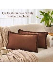 1pc (Pillow Insert Not Included) Tasseled Pillow Cover, Farmhouse Style Washed Fabric Soft Decorative Throw Pillowcase With Fringe Trim - Coffee Brown - View 2