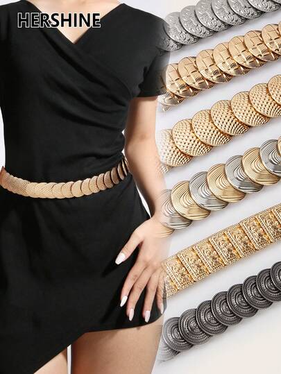 Hershine 1pc Western Cowboy/Cowgirl Style Women's Belt, Minimalist Fashion Casual Retro Elastic Waist Belt, Bohemian Style, Versatile Waist Accessory For Shirts & Dresses, Decorated With Buttons & Chain, Essential For Daily, Casual, School, Fall, Autumn, Halloween Outfits, Available In Gold & Silver