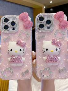 Sanrio 1 buc Carcasă de telefon roz cu stras Hello Kitty, cu fundă mare și diamant, acoperire completă, de lux pentru femei, TPU, rezistentă la șocuri, pentru iPhone 11/12/13/14/15/16/17 Pro Max