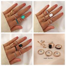 Set de 6 anillos ajustables con forma de serpiente de cristal verde con estilo bohemio para mujeres
