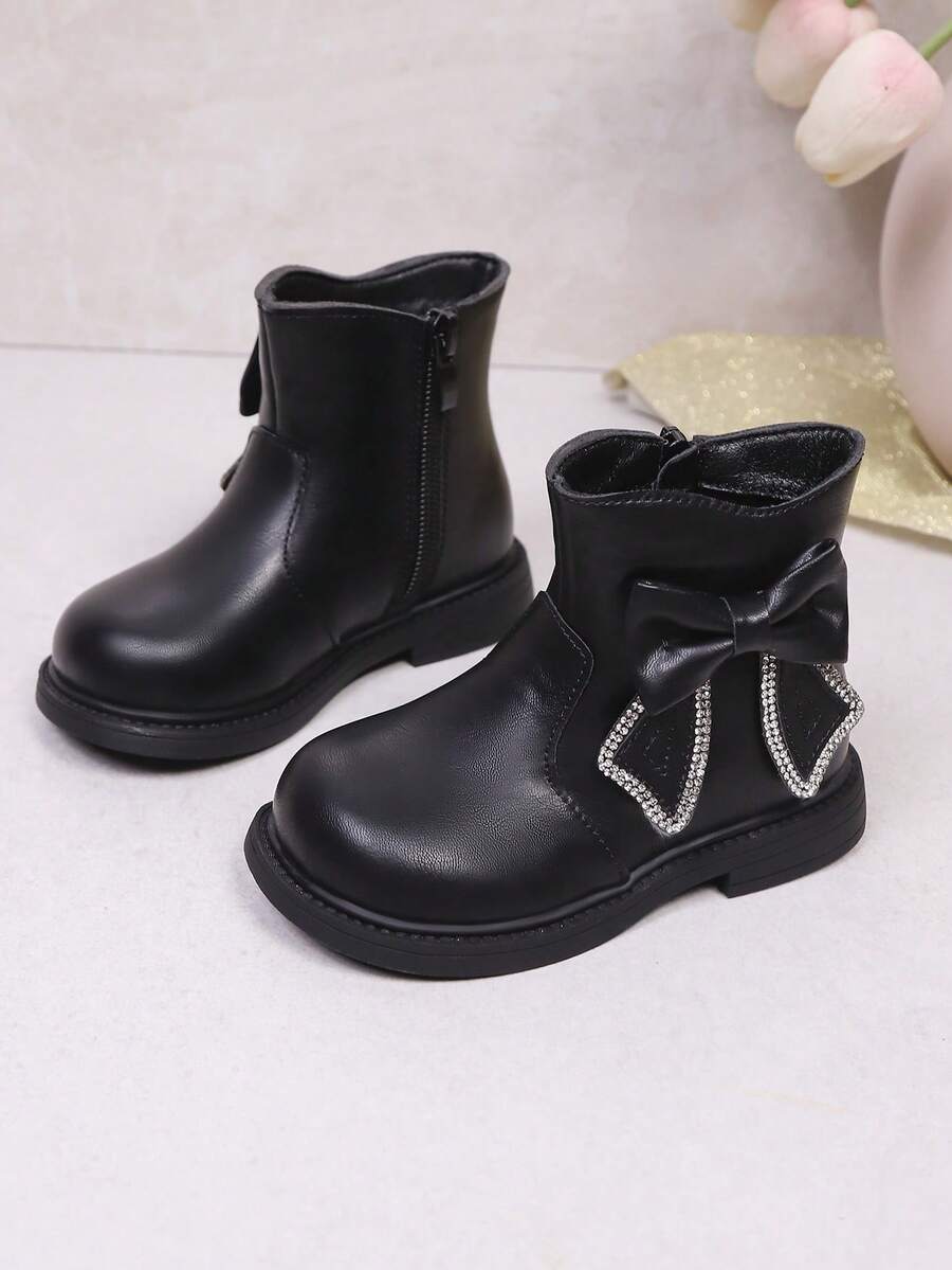 New Girls Bow Rhinestone Soft Comfortable Round Toe Sweet Fashion Flat Ankle Boots Suitable For Autumn/Winter Season - Black - View 1