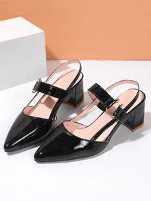 Zapatos de tacón grueso con punta puntiaguda para mujer en color negro, diseño simple y de moda adecuado para todas las estaciones, talón abierto con correa de tobillo, tacones, otoño, decoración con hebilla de metal perfecta para el uso en verano, adecuado para varias ocasiones como banquetes, bodas, oficina